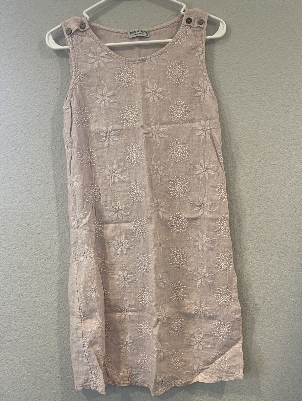 Terzo Millennio Womens Pink Embroidered Linen Sleeveless Dress Size Small Italy